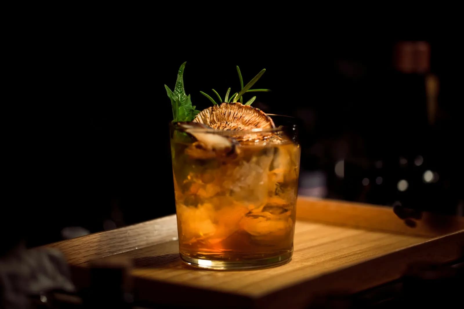 Garnished cocktail served at the bar